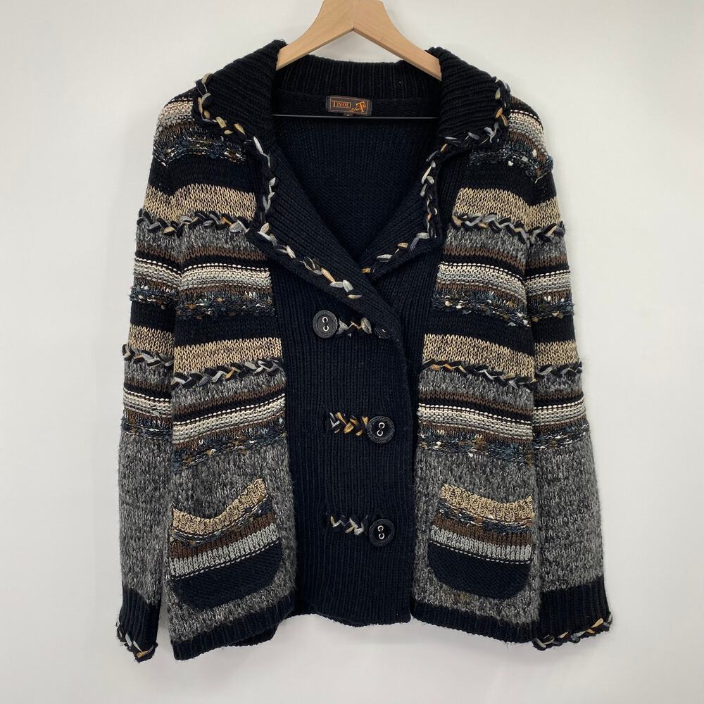 Tivoli Cardigan Sweater Braided Embroidered Knit Button Front Chunky Size Small